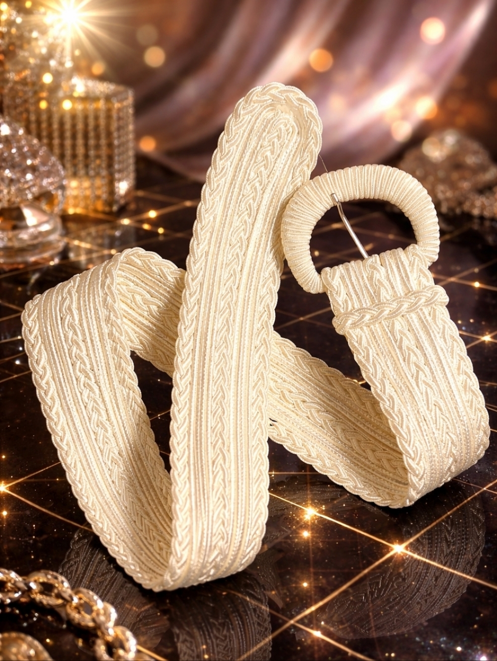 Vintage Collezione New York 80s Ivory Woven Stretch Belt Wide Textured Rope